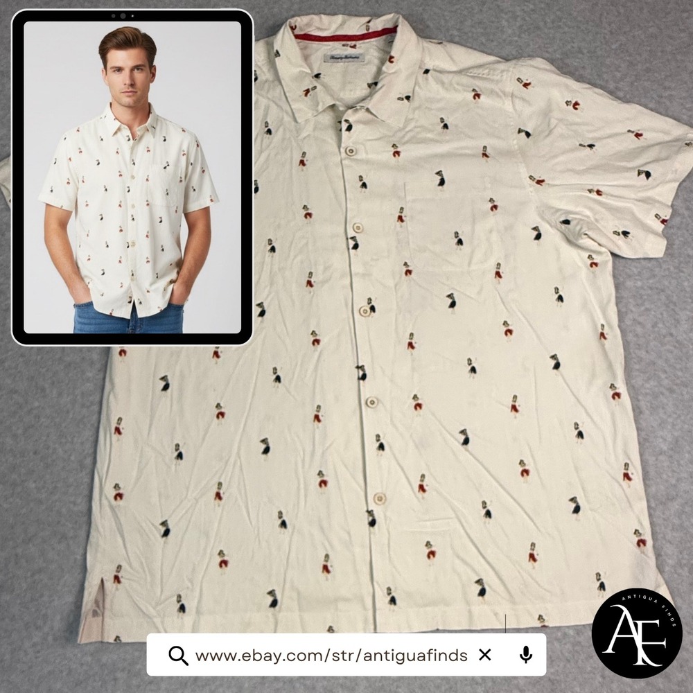 Tommy Bahama Mens XXL Silk Hula Girl Novelty Print Camp Shirt Cream Short Sleeve